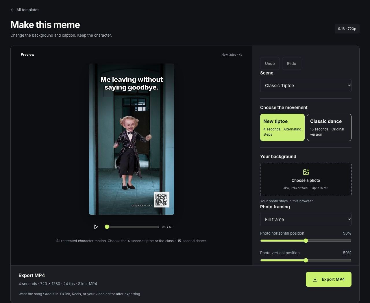 The maker with scene selection, a caption and the live preview